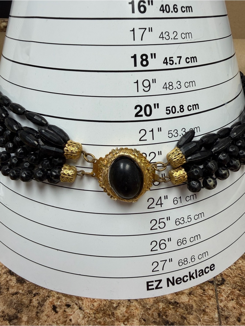 Vintage Black Multi Strand Beaded Necklace Gold Tone Clasp Statement Jewelry